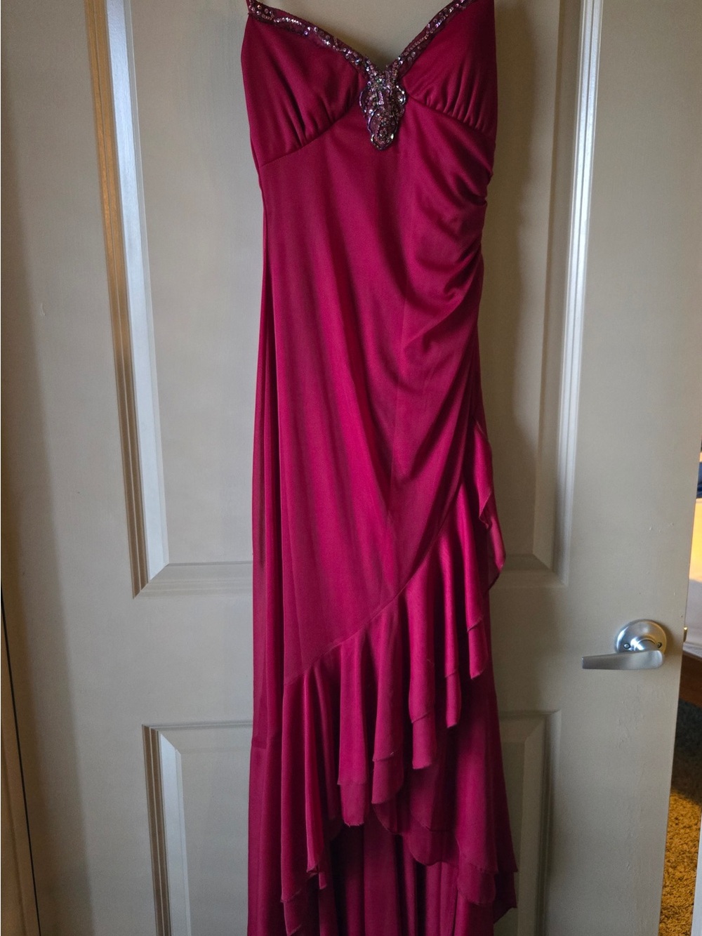 Strapless Red Evening Dress with Beaded Detail